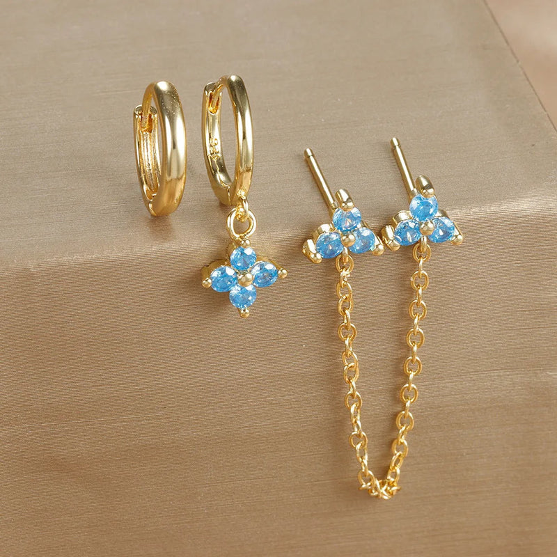 Olivia - Blumenpiercing-Ohrring-Set in Gold und Blau